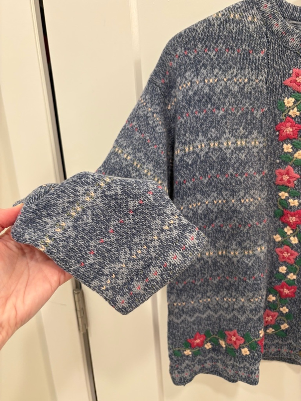 Vintage 90s Appleseed’s Hand Knit Embroidered Cotton Ramie Cardigan Size Small - Picture 4 of 10